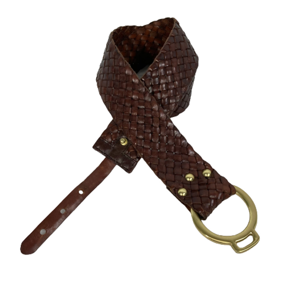Boutique Belt Womens Sz M Brown Leather Braided Loop Snap Buckle Belt Sz M